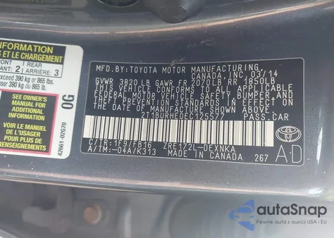 2014 Toyota Corolla Le z USA, uszkodzony, nr VIN 2T1BURHE0EC125577